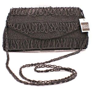 Buoux Terner Black Beaded Clutch Purse Evening Bag Crossbody Strap Boutique NWT